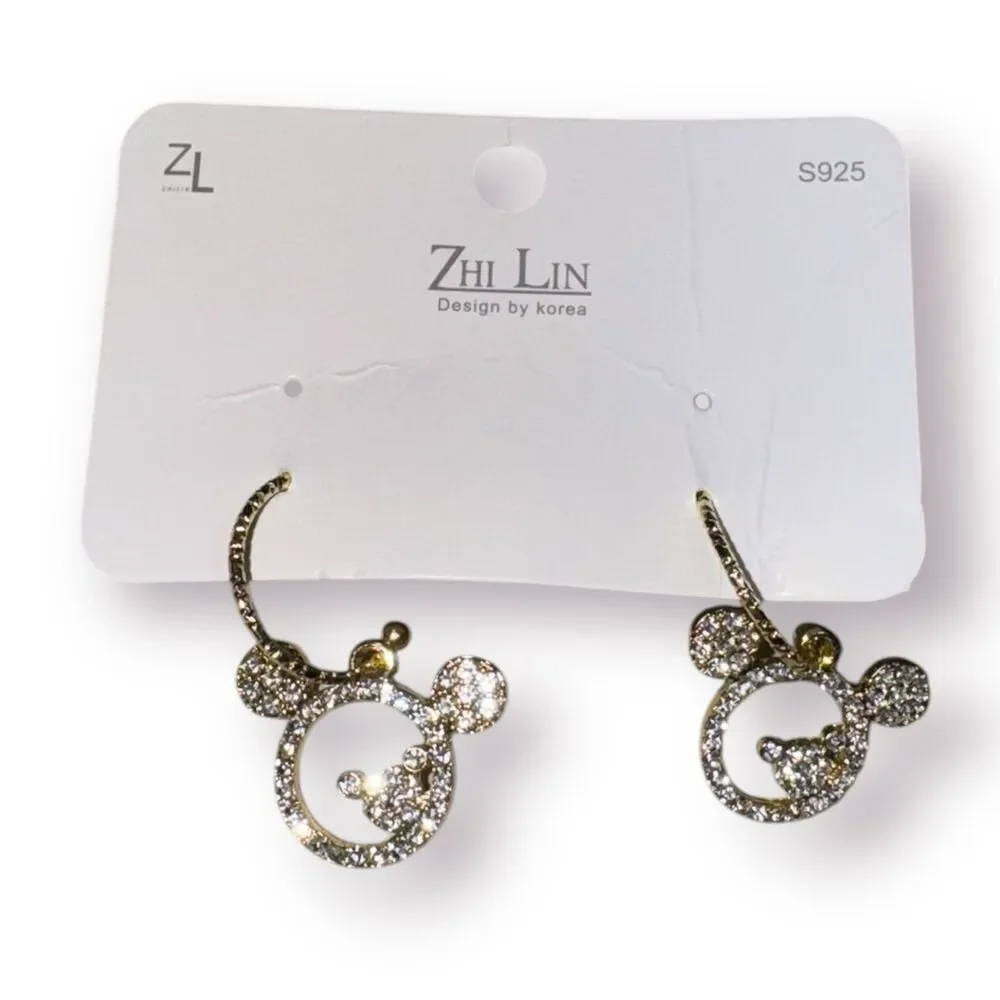 Zhi Lin Disney Gold Crystal Mickey Mouse Earrings Rhinestones‎ BNWT